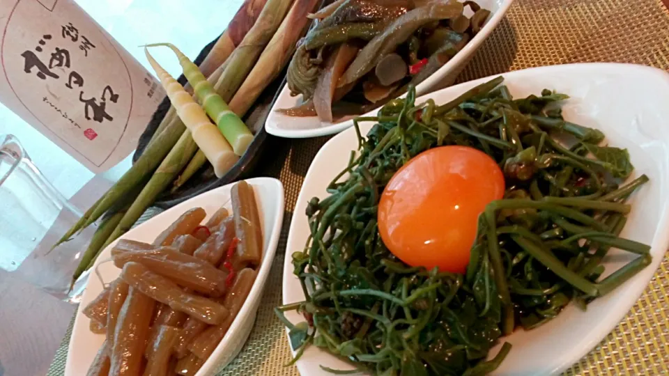 山菜アテで😋🍶✨🎶
☆木の芽卵黄
☆独活の皮のきんぴら
☆ふきのきんぴら
☆焼き根曲がり竹

春は幸せ💕|アイさん