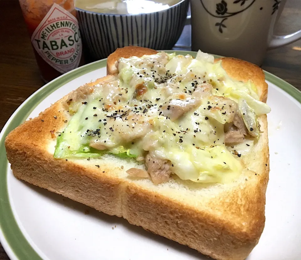 朝ごはん☀️☀️☀️
ツナとキャベツのピサトースト🍞
大根とワカメの味噌汁
豆乳ラテ|ぽんたさん