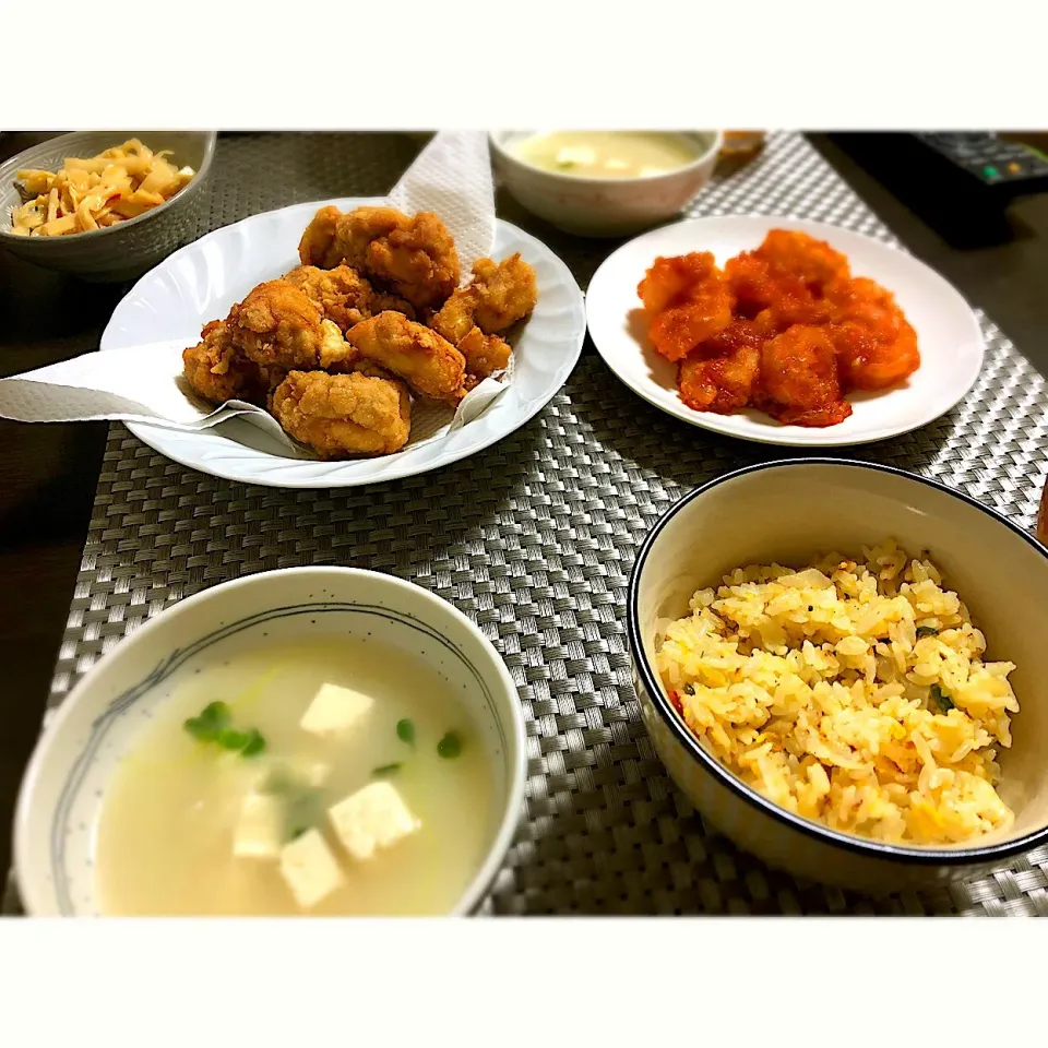 鶏唐揚げ、海老チリ、炒飯、豆腐のスープ|ayumi obaさん