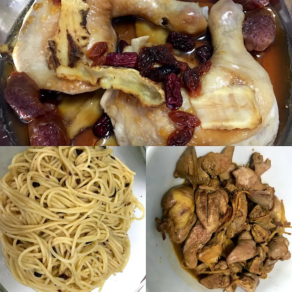 Steamed herbal chicken, pasta with olive tangerine sauce and chicken livers in sesame and ginger.|Ong Sor Fernさん