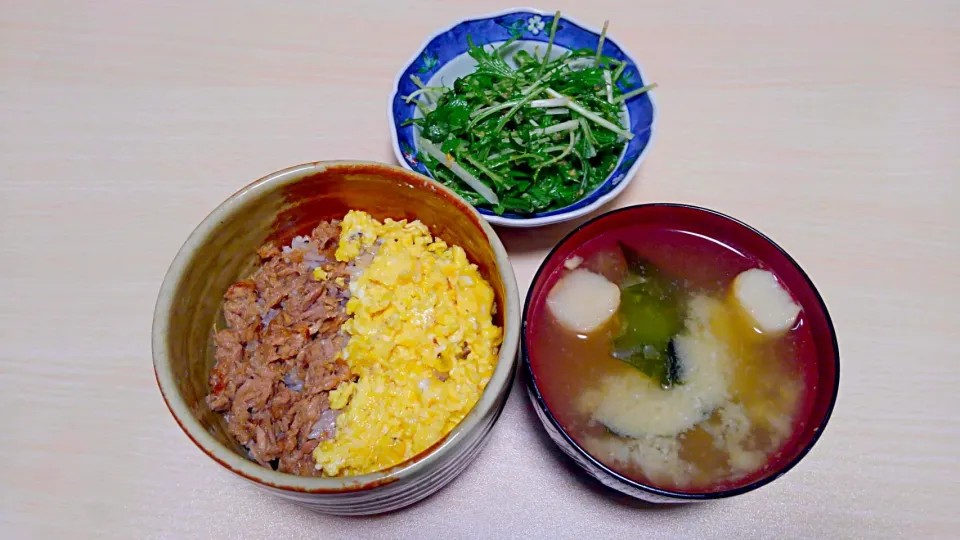 ４月６日　ツナそぼろ　水菜のサラダ　お麩とわかめのお味噌汁|いもこ。さん