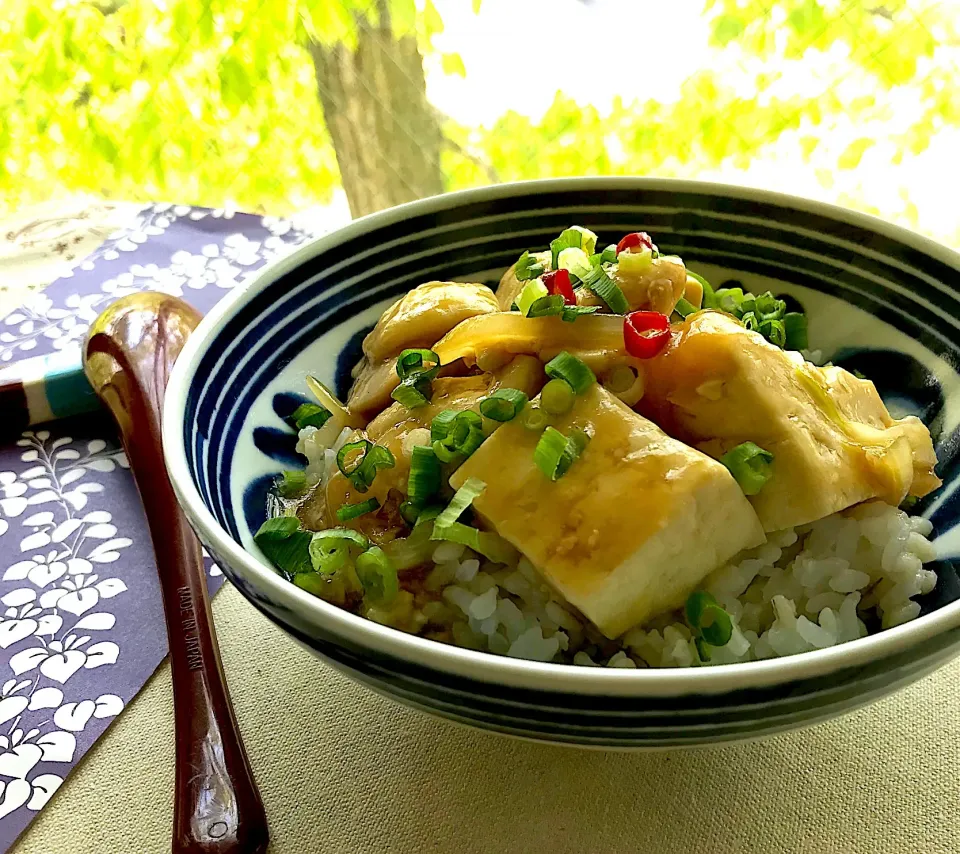 Snapdishの料理写真:昼ごはん  豆腐と鶏むね肉のオイスターソース炒め煮丼|砂雪さん