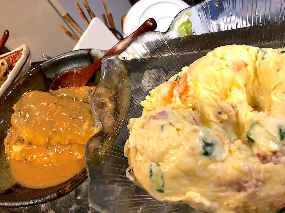 Snapdishの料理写真:#ポテサラ#鯖味噌煮#笑寅|愛ママさん