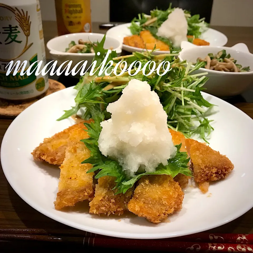 豚カツおろしポン酢⭐️オクラとしめじの和え物|マイコさん