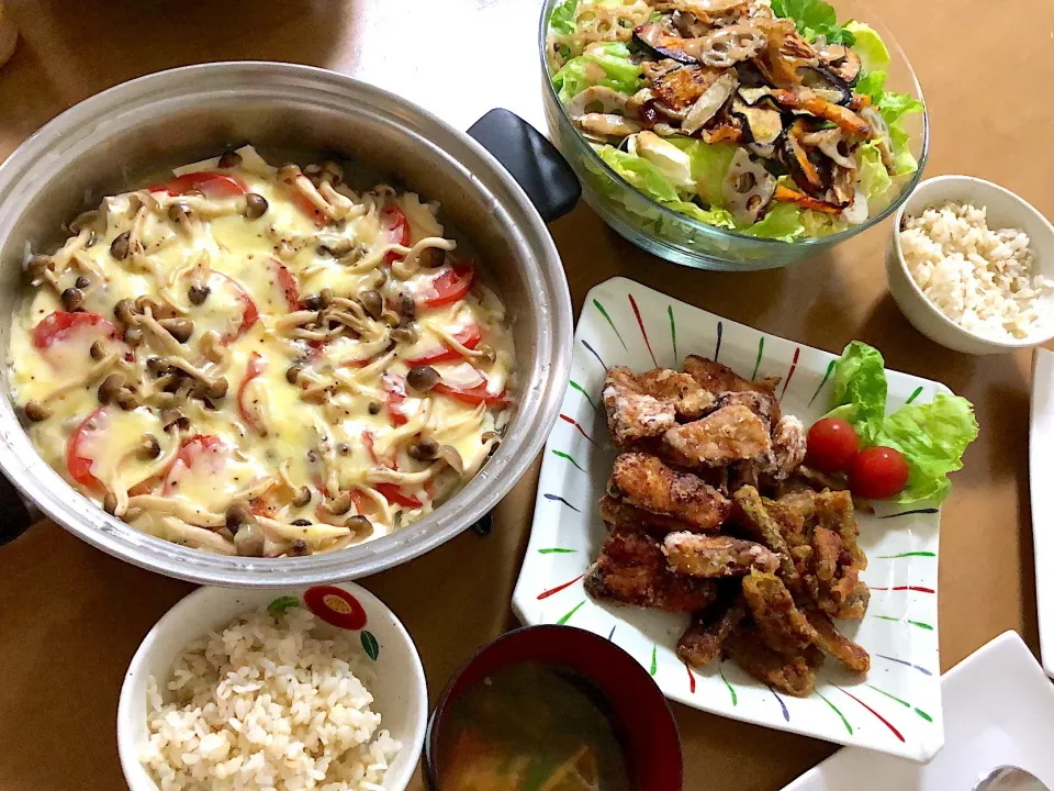 ぶりの竜田揚げ、ごぼうの竜田揚げカレー風味、豆腐グラタン、揚げ野菜のサラダ|横井朱里さん