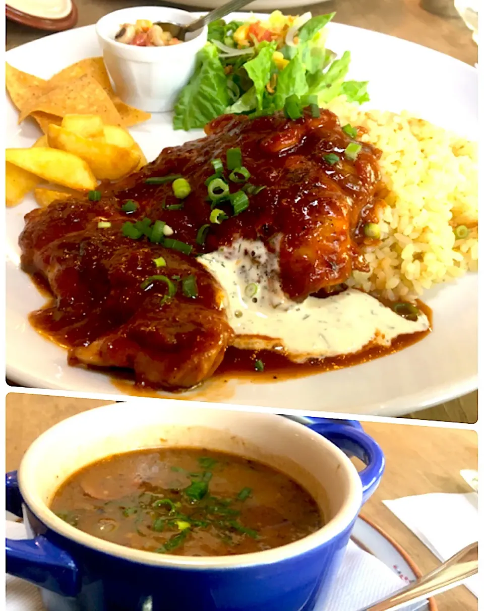 昼ごはん☀️☀️☀️                                           日替わりチキンプレート🍗🐔    本日はBBQソース                                                  やっぱりうまい！ガンボスープ😋|ぽんたさん