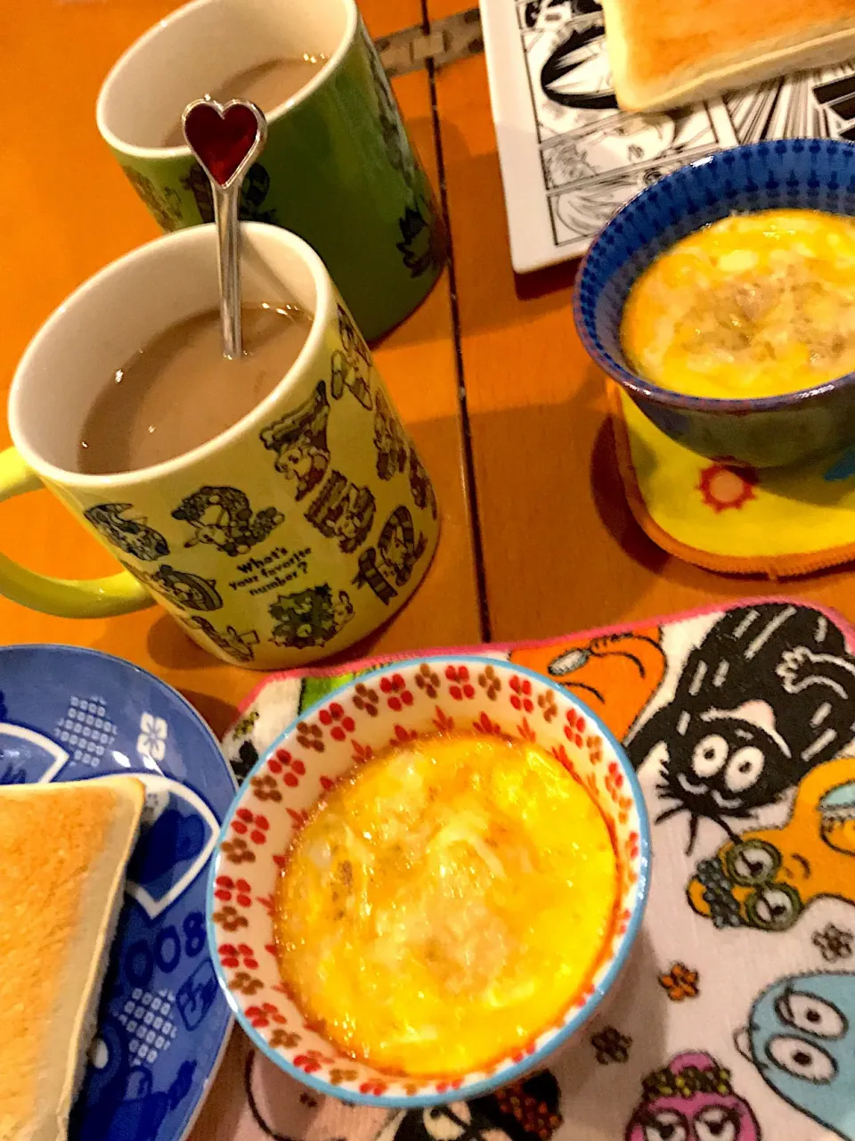 豆腐と卵のチーズココット🥚  ピーナッツクリームサンド🥜  カフェオレ☕️|ch＊K*∀o(^^*)♪さん