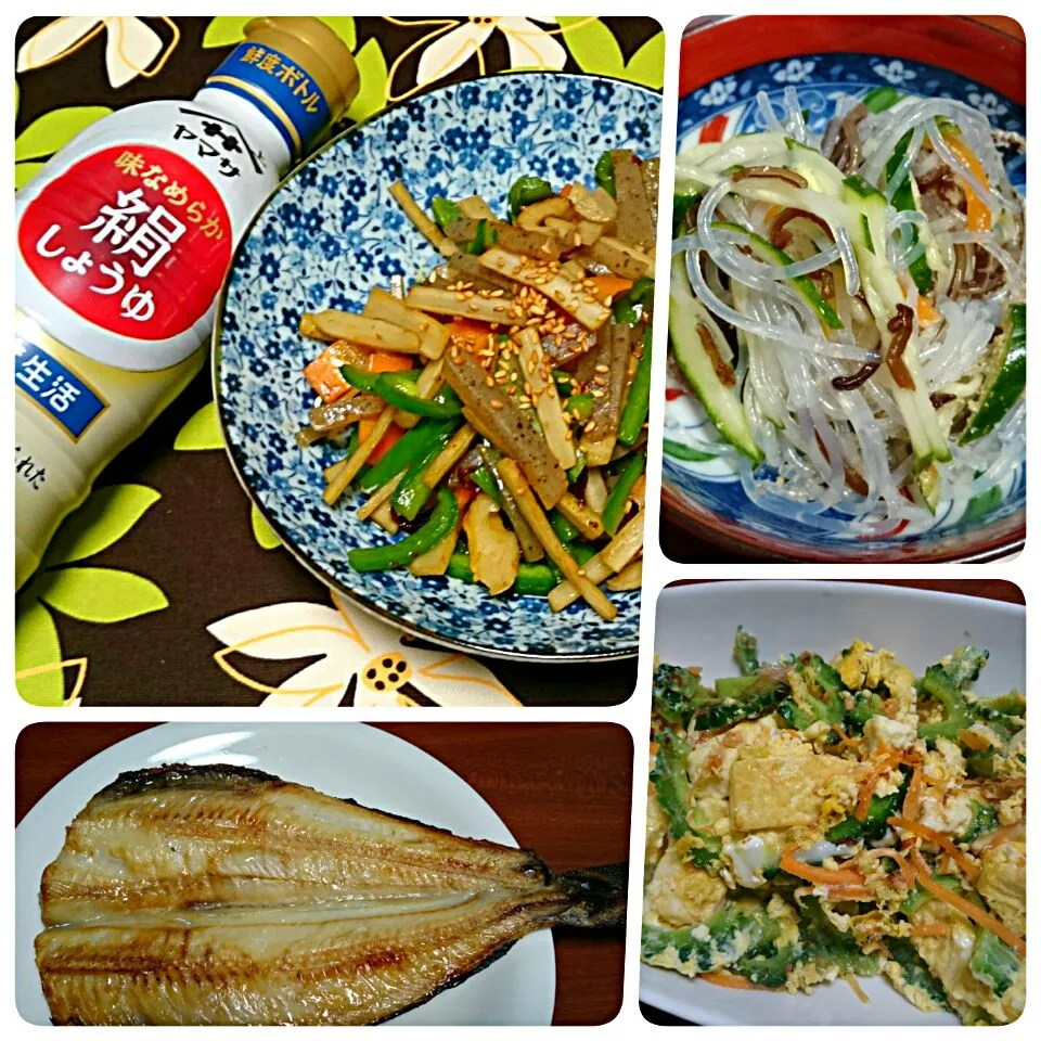 ☆今日の晩ごはん☆ 野菜のピリ辛炒め   ゴーヤチャンプルー   焼き魚   酢の物|hamamaさん