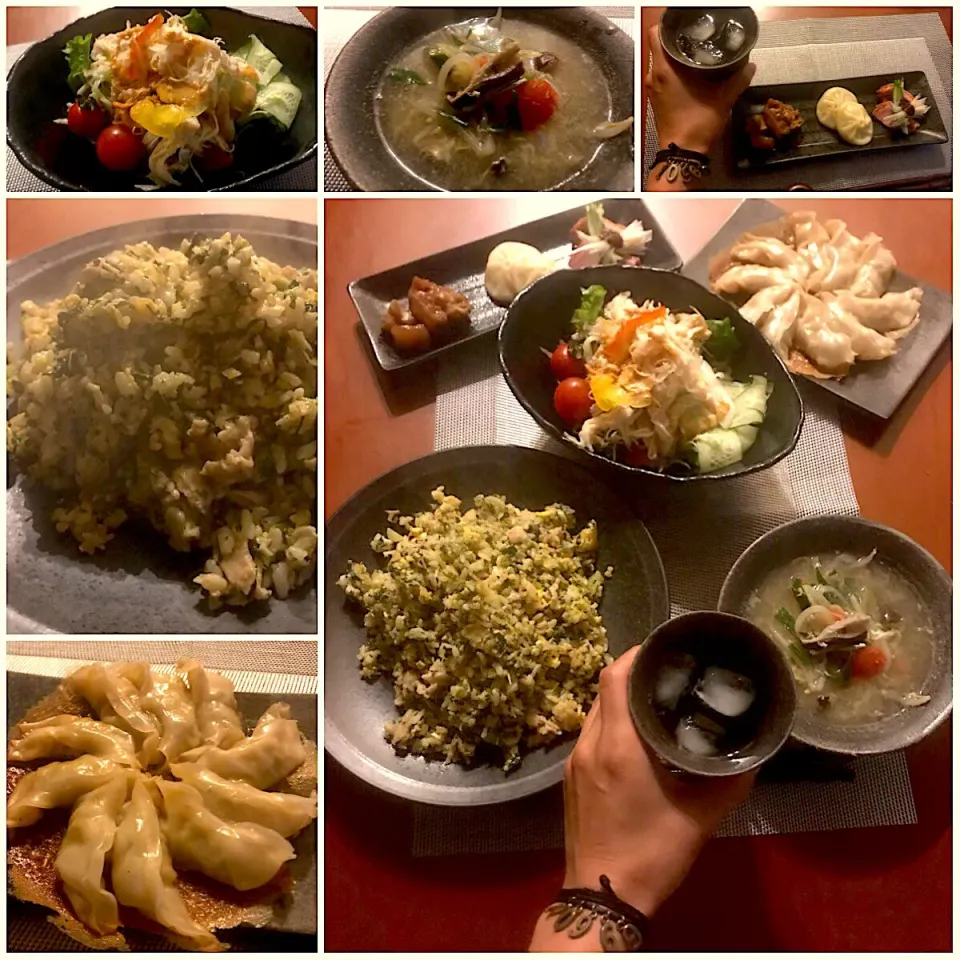 Snapdishの料理写真:Today's Chinese Dinner🍴飲茶･蔬菜蘑菇汤･棒棒鶏･翡翠炒飯･鍋貼|🌈Ami🍻さん