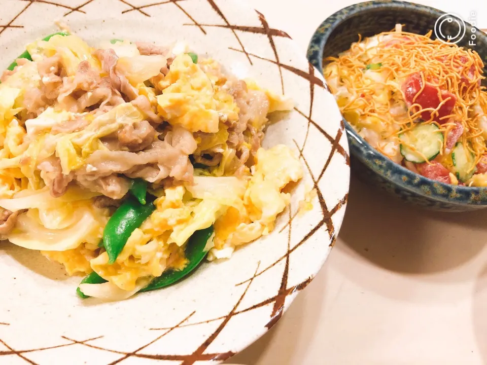 Snapdishの料理写真:#キャベツ#卵#豚肉#ごま油香る#中華炒め#サラダにパリパリ|よーちゃんさん