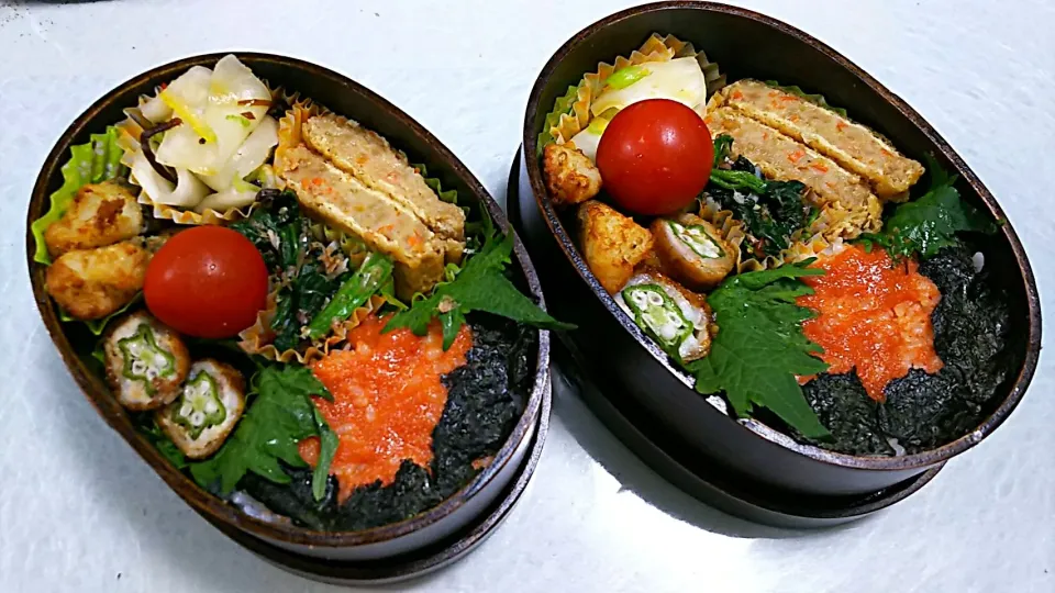 Snapdishの料理写真:今日のお弁当

オクラの肉巻き
山芋の短冊揚げ
肉詰め稲荷煮
チリメンジャコと
ほうれん草のおかか和え
かぶの浅漬(柚子、塩昆布いり)

明太子海苔ご飯

#曲げわっぱ弁当
#お弁当記録 
#今日のお弁当
#お腹ペコリン部|ボスママさん