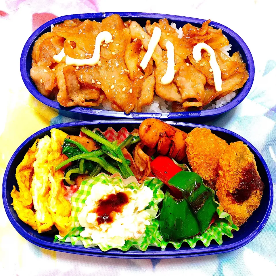 Snapdishの料理写真:おべんとう
#豚バラ炒め  #玉子焼き  #弁当  #初心者  #彼氏  #ポテトサラダ  #ベーコンとほうれん草のバター醤油  #ボリューム #|Erさん