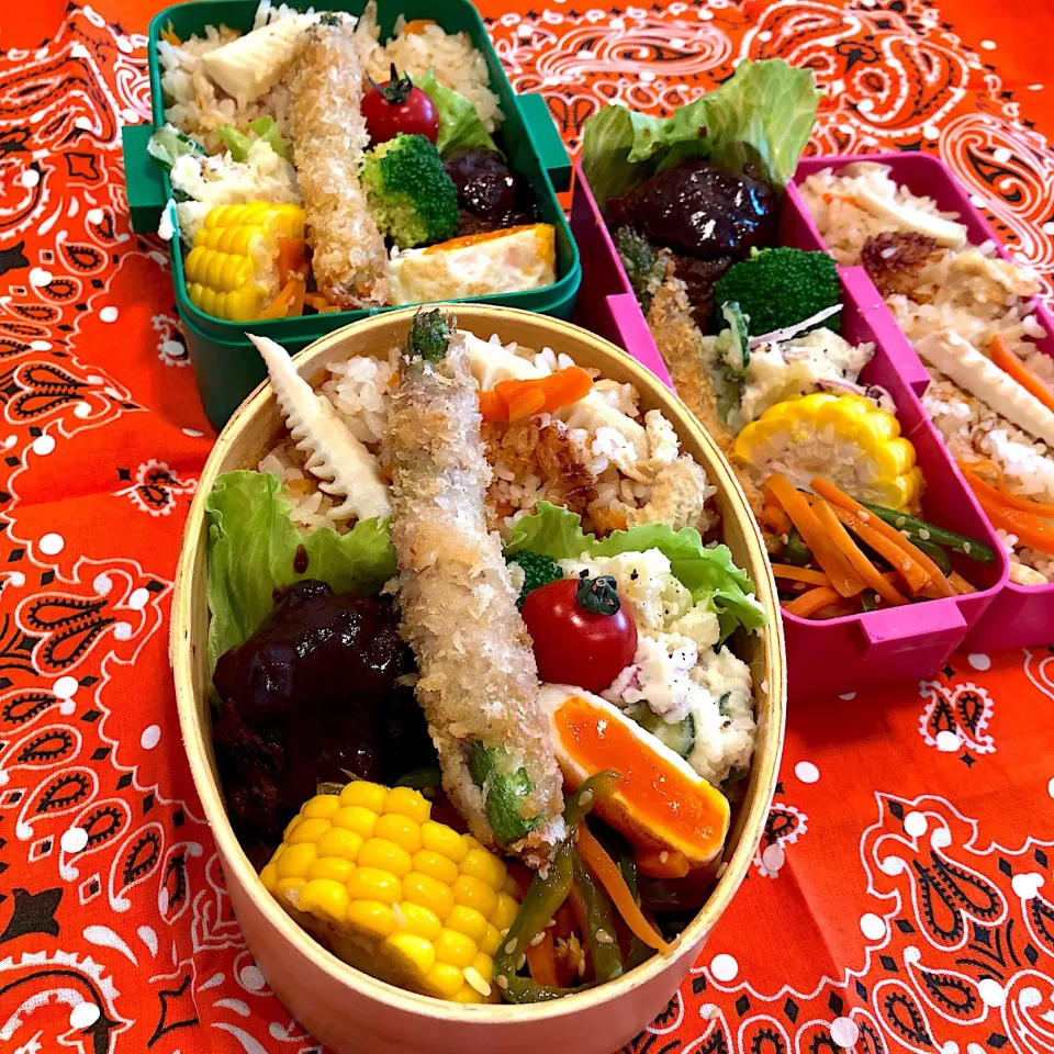 Snapdishの料理写真:お弁当#お弁当 #たけのこご飯 #ハンバーグ#ポテトサラダ#目玉焼き#アスパラ肉巻きフライ#ピーマンと人参のきんぴら|natsu727さん