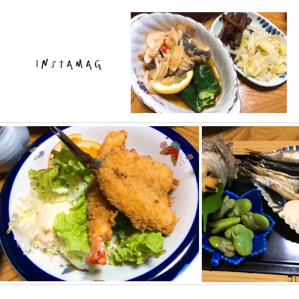 民宿料理😋
アジフライ🐟南蛮漬け❣️子鯖の燻製|アライさんさん