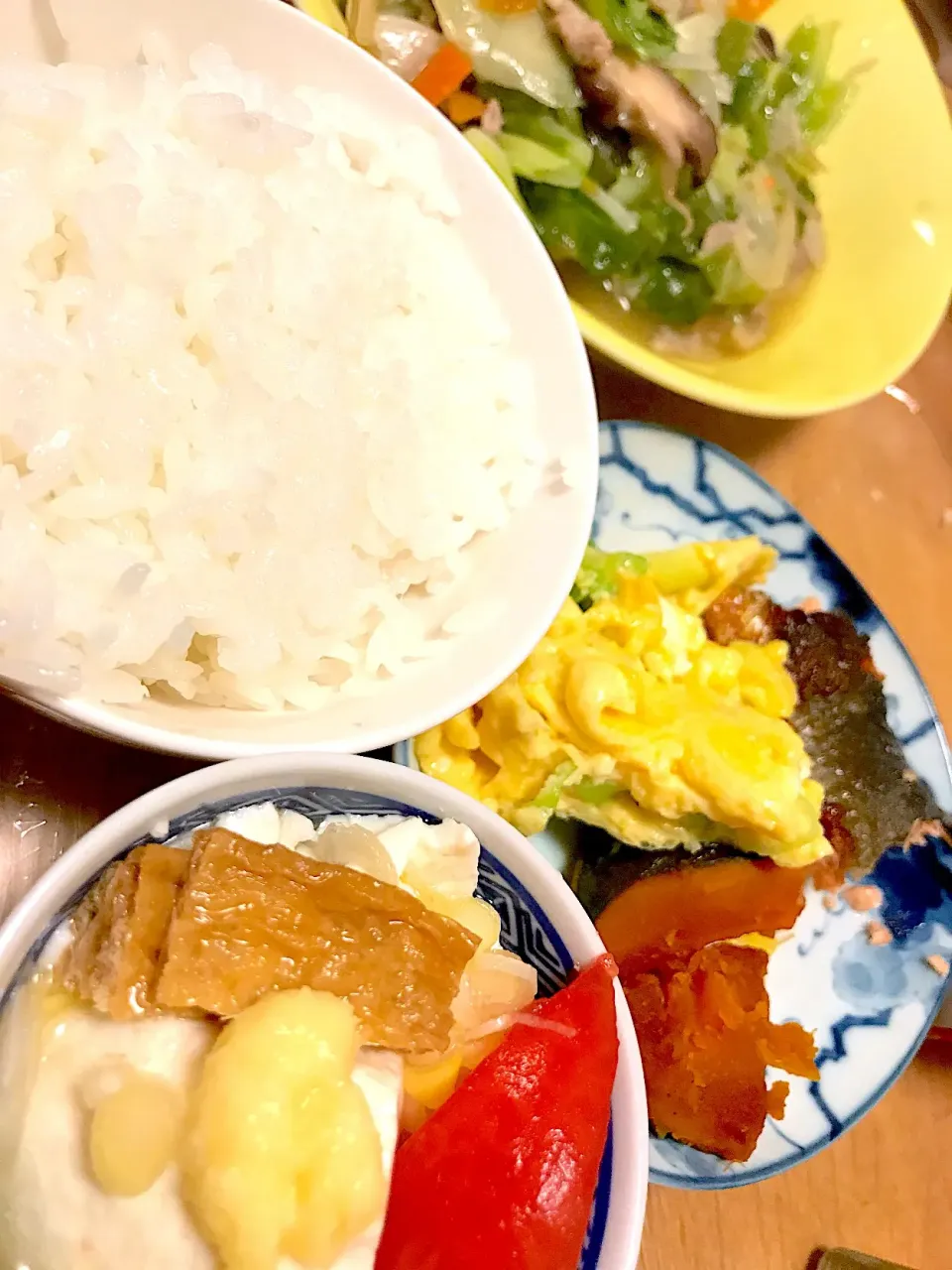 出汁巻、冷奴、かぼちゃ煮、野菜炒め|まみみさん