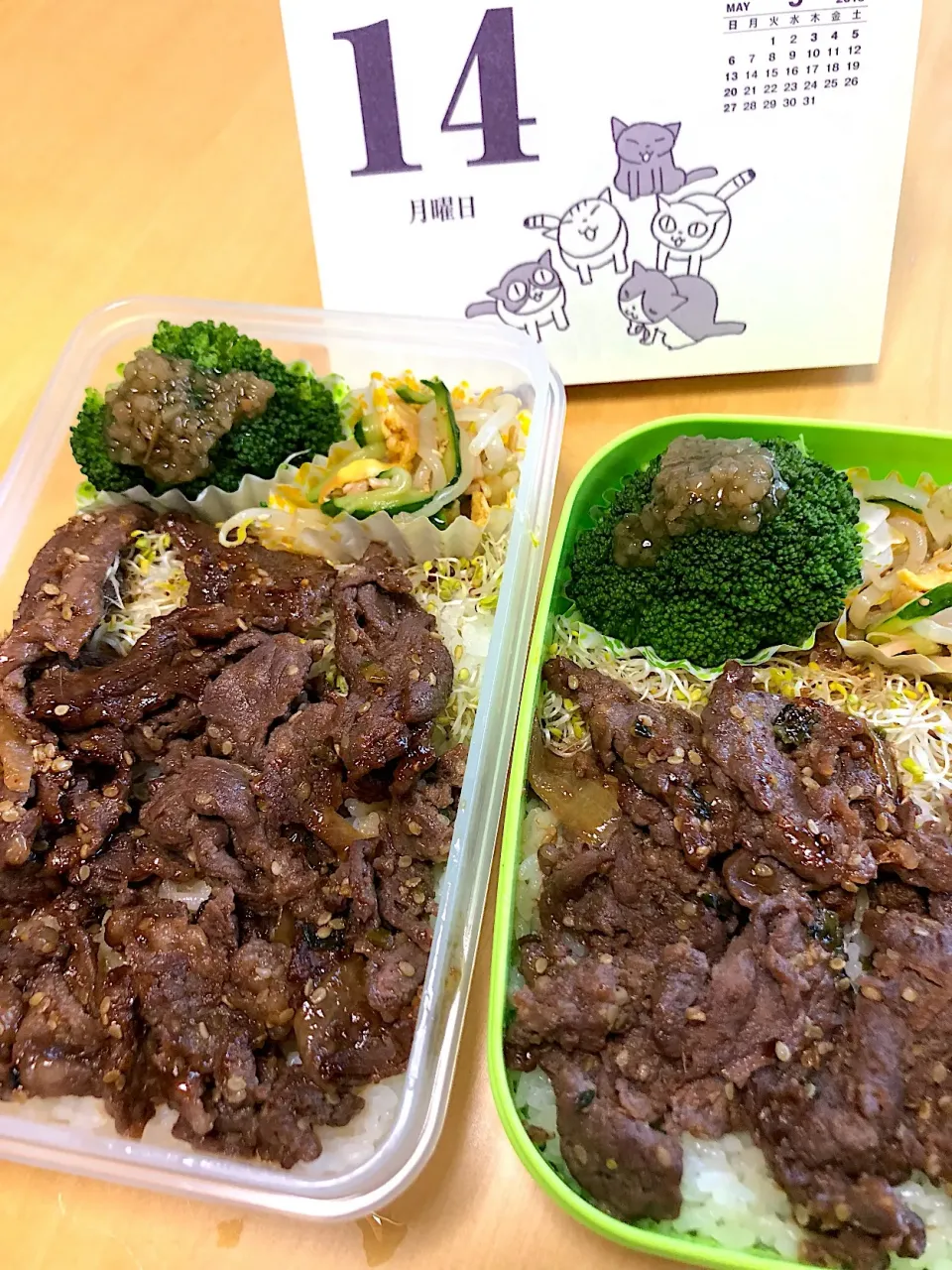 Snapdishの料理写真:焼肉丼弁当。もやしときゅうりとハムと卵の中華風和えもの ブロッコリー🥦。|Kumiko Kimuraさん