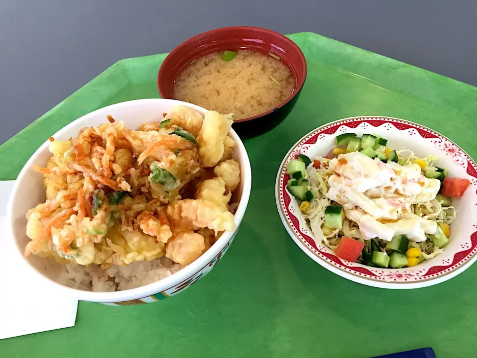 海老かき揚丼、マカロニサラダ、味噌汁|Tadahiko Watanabeさん