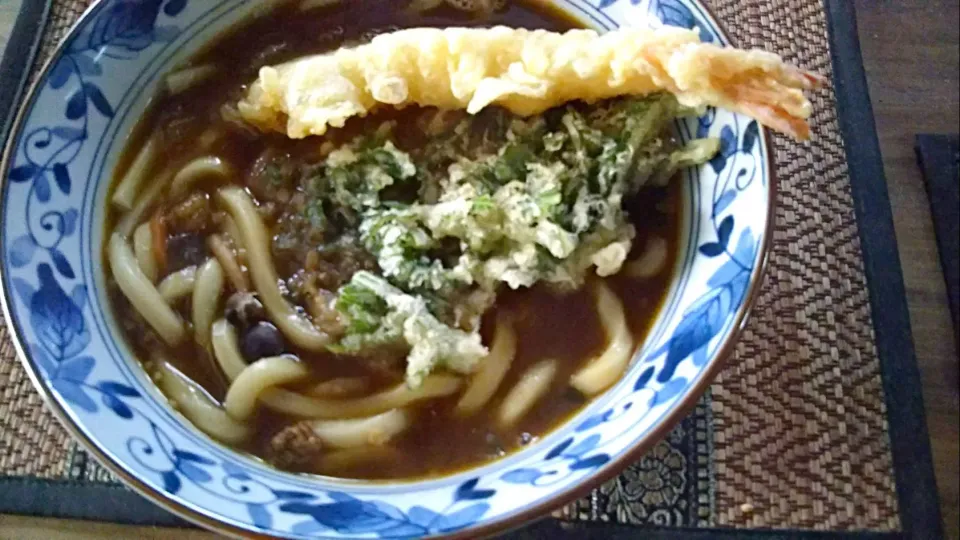 Snapdishの料理写真:カレーうどん＋海老天、春菊天|まぐろさん