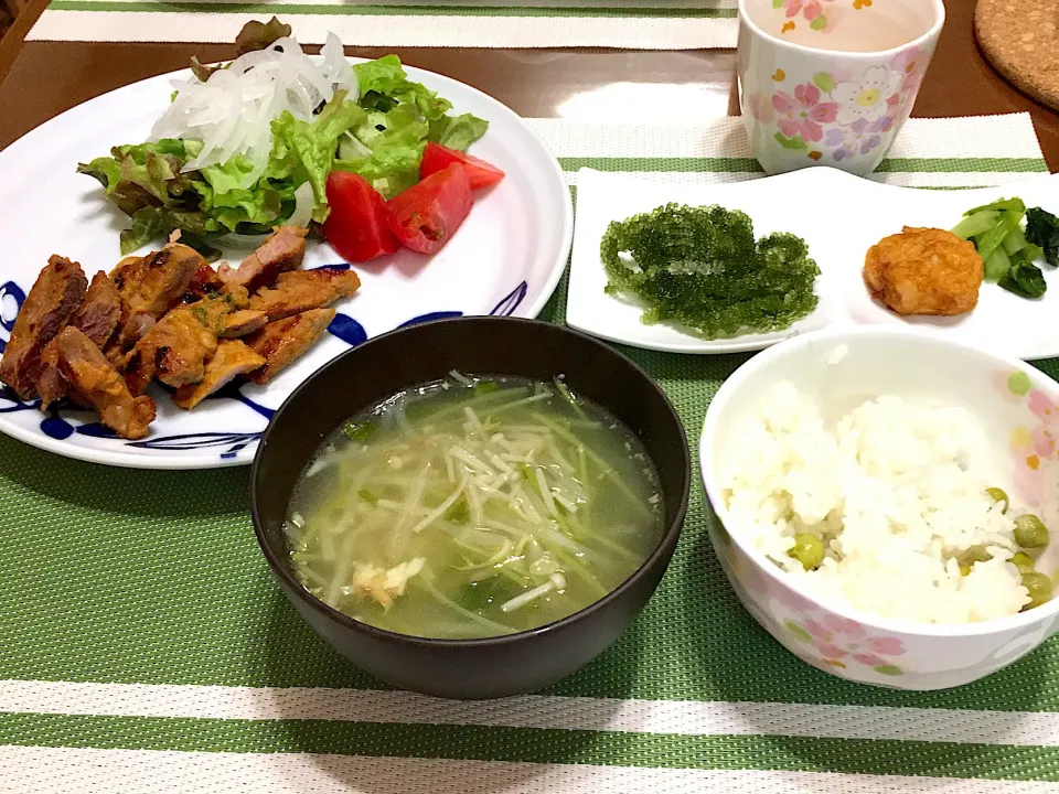 豚肉のにんにく味噌漬け、豆ご飯、野菜スープ|kumi♡さん