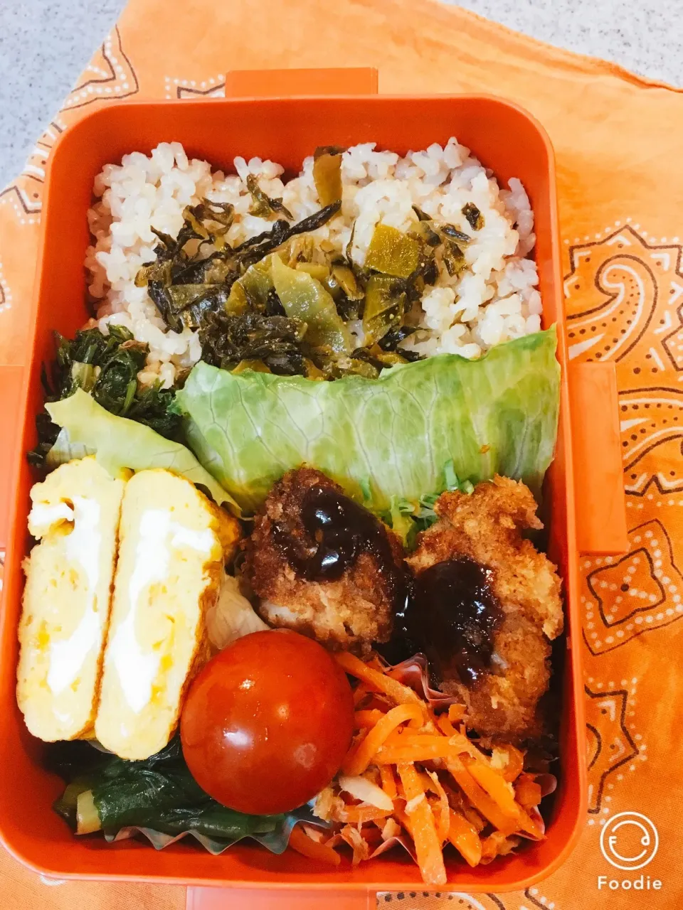 ♫5／15今日のお弁当♫〜豚こまカツ、だし巻き卵、人参しりしり、小松菜和風ドレ、プチトマト、人参抜きな炒め、ご飯に明太高菜〜|Satokoさん