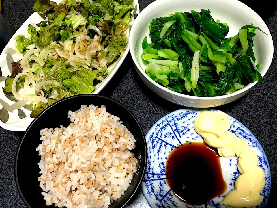 Snapdishの料理写真:もち麦飯、茹うるい(マヨ醤油で)、レタス葉玉ねぎ(おかかポン酢で)|ms903さん