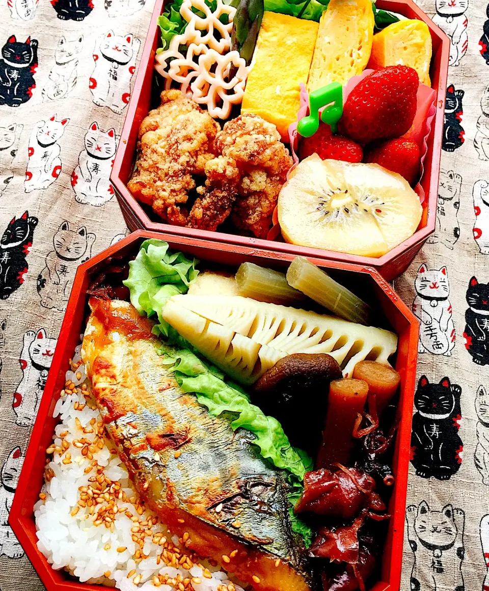 Snapdishの料理写真:#お弁当  #お弁当じまん  #お父さん弁当 
 #和食  #鰆の柚子味噌漬け焼き 
 #出汁巻き玉子  #筍の煮物  #紫アスパラガスのサラダ
#デザートはイチゴとゴールドキーウィ|Blueberry🫐さん