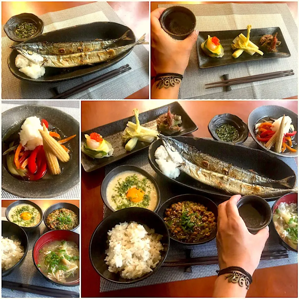 Today's Dinner🍴前菜･茄子の揚げ浸し･さんまの塩焼き･玄米もち麦ご飯･卵黄&大和芋･めかぶ納豆･きのこたっぷりお味噌汁|🌈Ami🍻さん