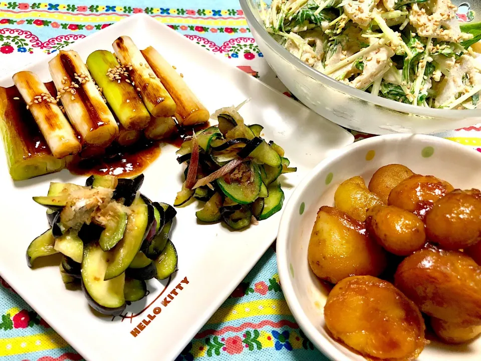 畑で採れた野菜【ジャガイモ ꕥ 茄子 ꕥ ねぎ】でおつまみ🍻蓮根と水菜の胡麻マヨサラダ🥗 ꕥ|がぁがさん