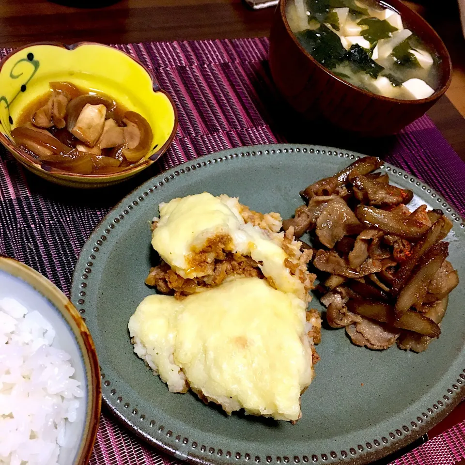 Snapdishの料理写真:マッシュポテトと挽肉の重ね焼き、きのこのマリネ、ごぼうと豚肉の甘辛炒め煮|たまさん