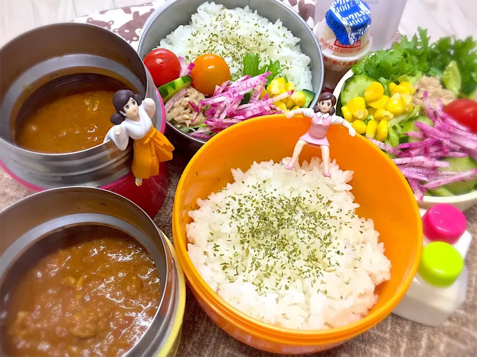 バターチキンカレー🍛&ツナコーン🌽サラダの夫婦お弁当♪

 #弁当  #フチ子 #バターチキンカレー🍛|桃実さん