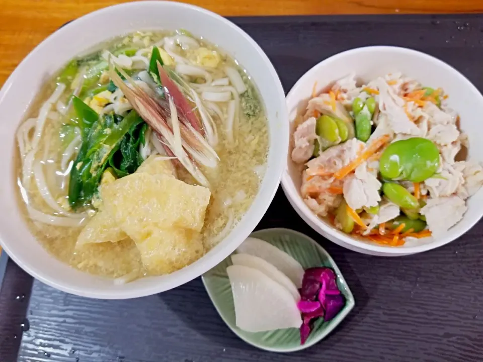 ・かき玉うどん
・空豆とササミのカラシ酢味噌サラダ
・香物|あぁちゃんさん