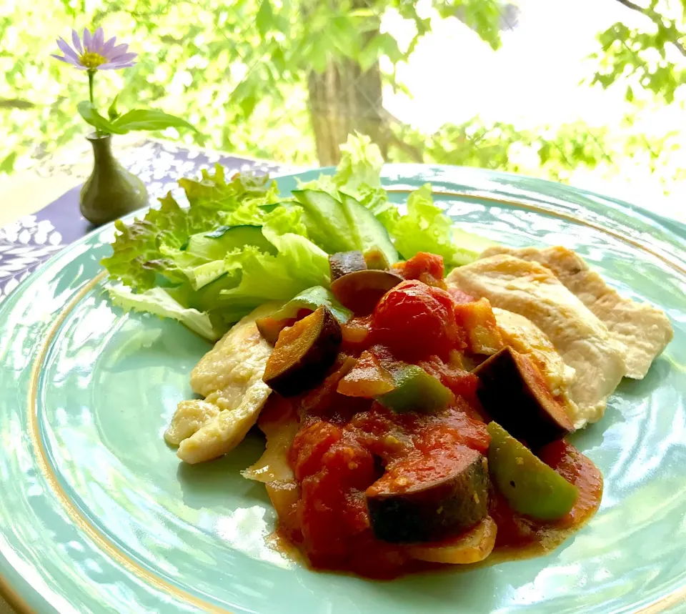 昼ごはん  鶏胸肉ソテー、お野菜とトマトのソース🍅|砂雪さん