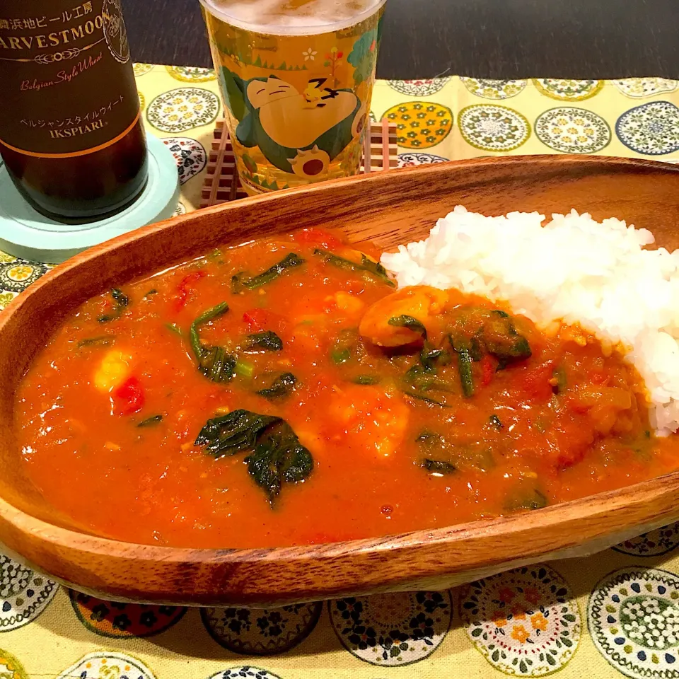 ほうれん草とえびのトマトカレー|かぴこさん