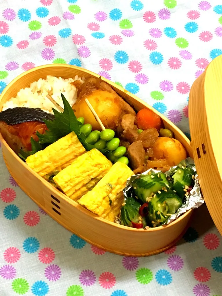 Snapdishの料理写真:5/22  今日のお弁当🍱
・豚とじゃがいもの煮物
・ネギ入り玉子焼き
・きゅうりの酢の物
・自家製塩鮭
・いつもの麦ご飯|かっぴーさん