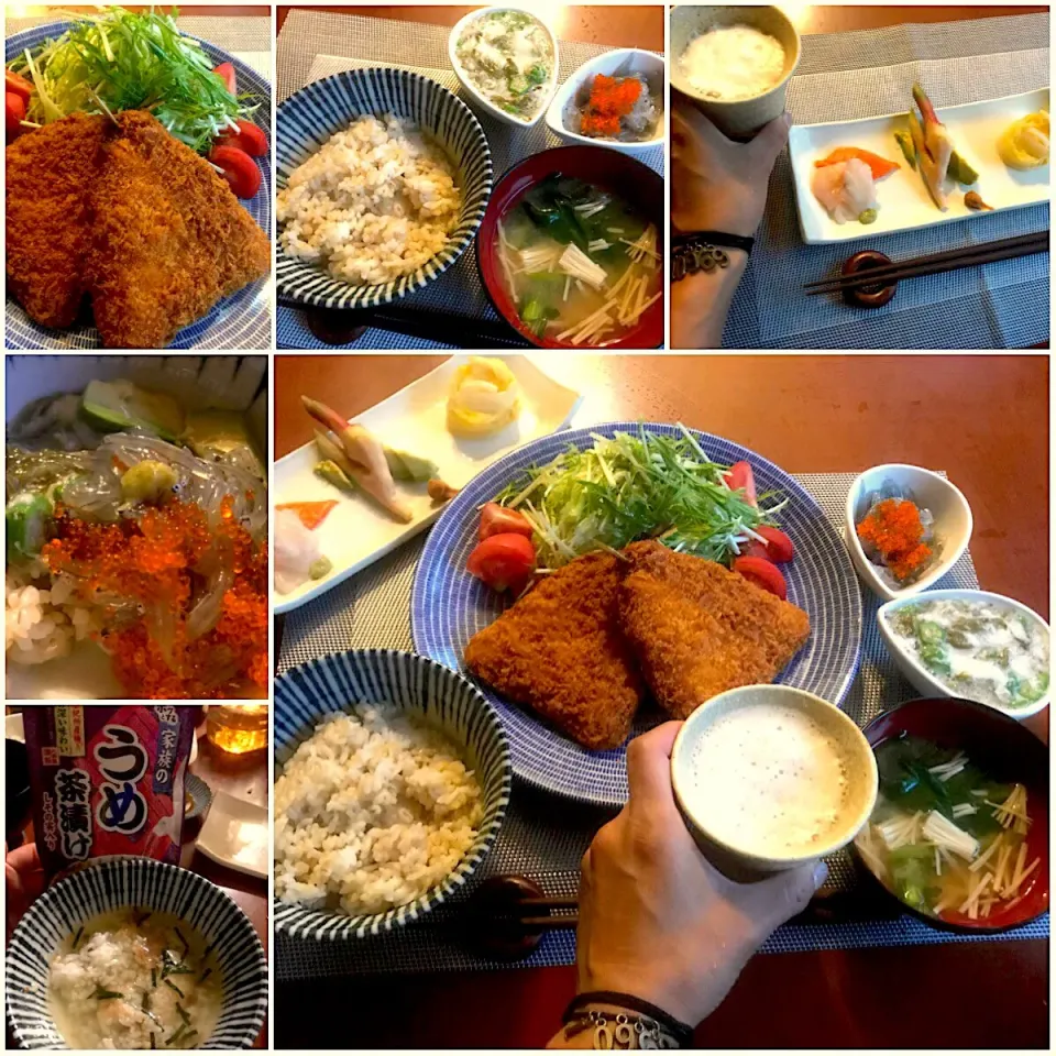 Snapdishの料理写真:Today's Dinner🍴前菜･鯵ﾌﾗｲ(お惣菜)･ｷｬﾍﾞﾂと水菜のｺﾞﾏだれｻﾗﾀﾞ･大和芋,ｵｸﾗ&めかぶ･生しらす&とびこ･玄米もち麦ご飯･えのきと小松菜のお味噌汁|🌈Ami🍻さん