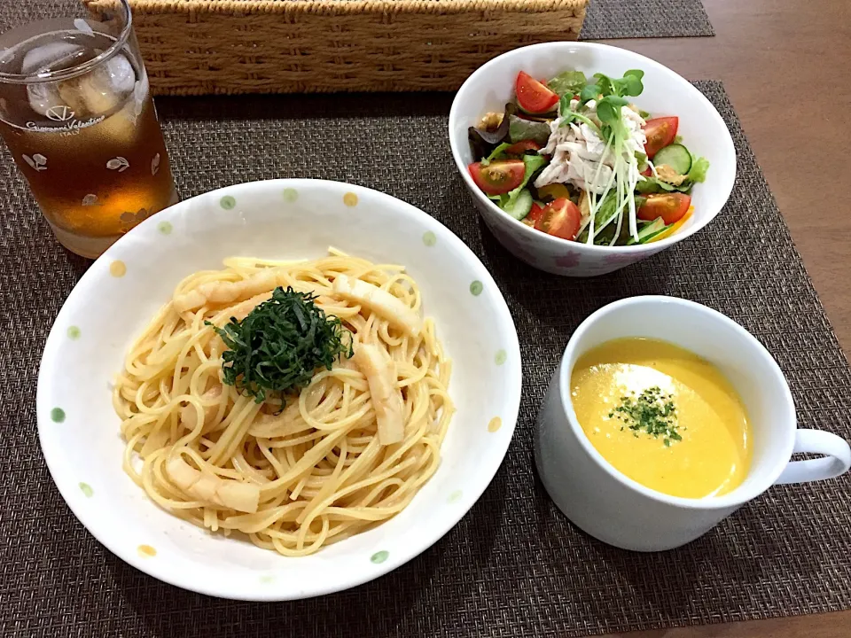 明太子パスタ・ささみとくるみのサラダ・かぼちゃスープ|ごまたまごさん