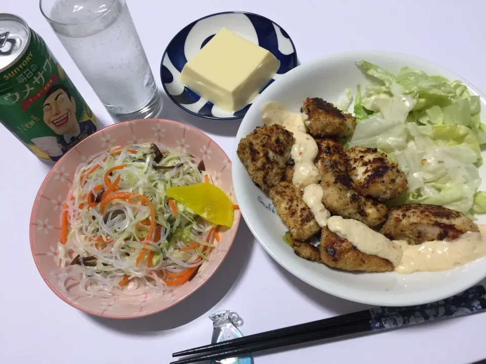 Snapdishの料理写真:今宵🌙
#鶏ももチーズカツレツ
#春雨サラダ
#濃厚玉子豆腐|Kojiさん