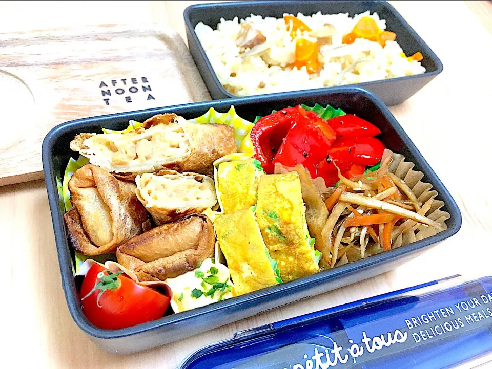 お弁当🍱炊き込みご飯、春巻き|りこさん