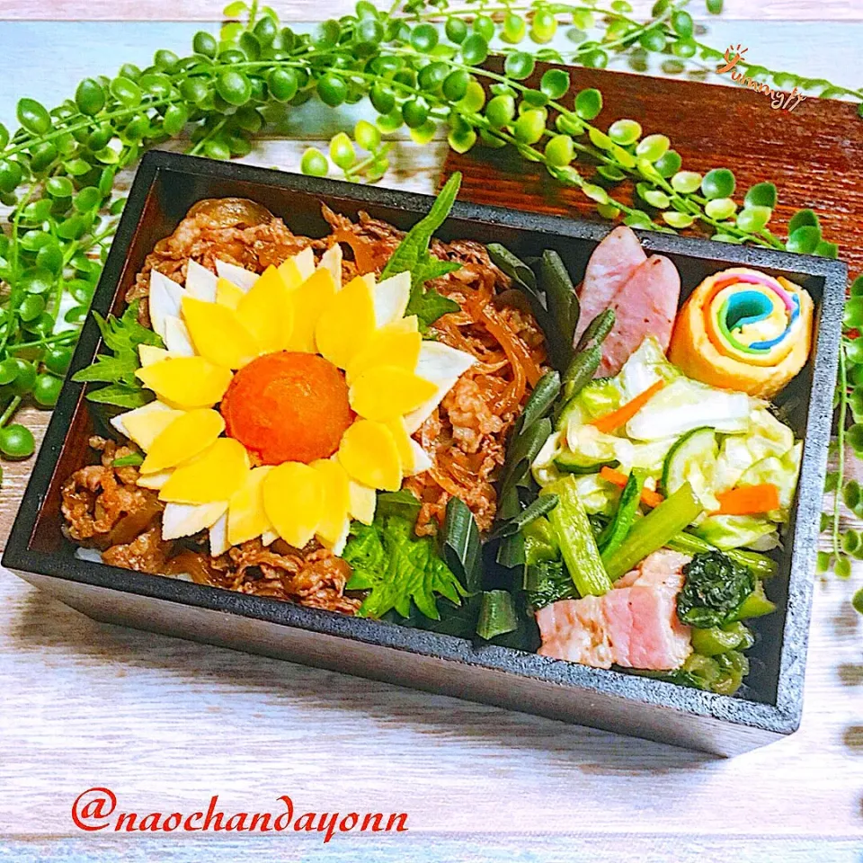 Snapdishの料理写真:#今日のお弁当 
お花が咲いたよ♪向日葵🌻牛丼‼︎|naochandayonnさん