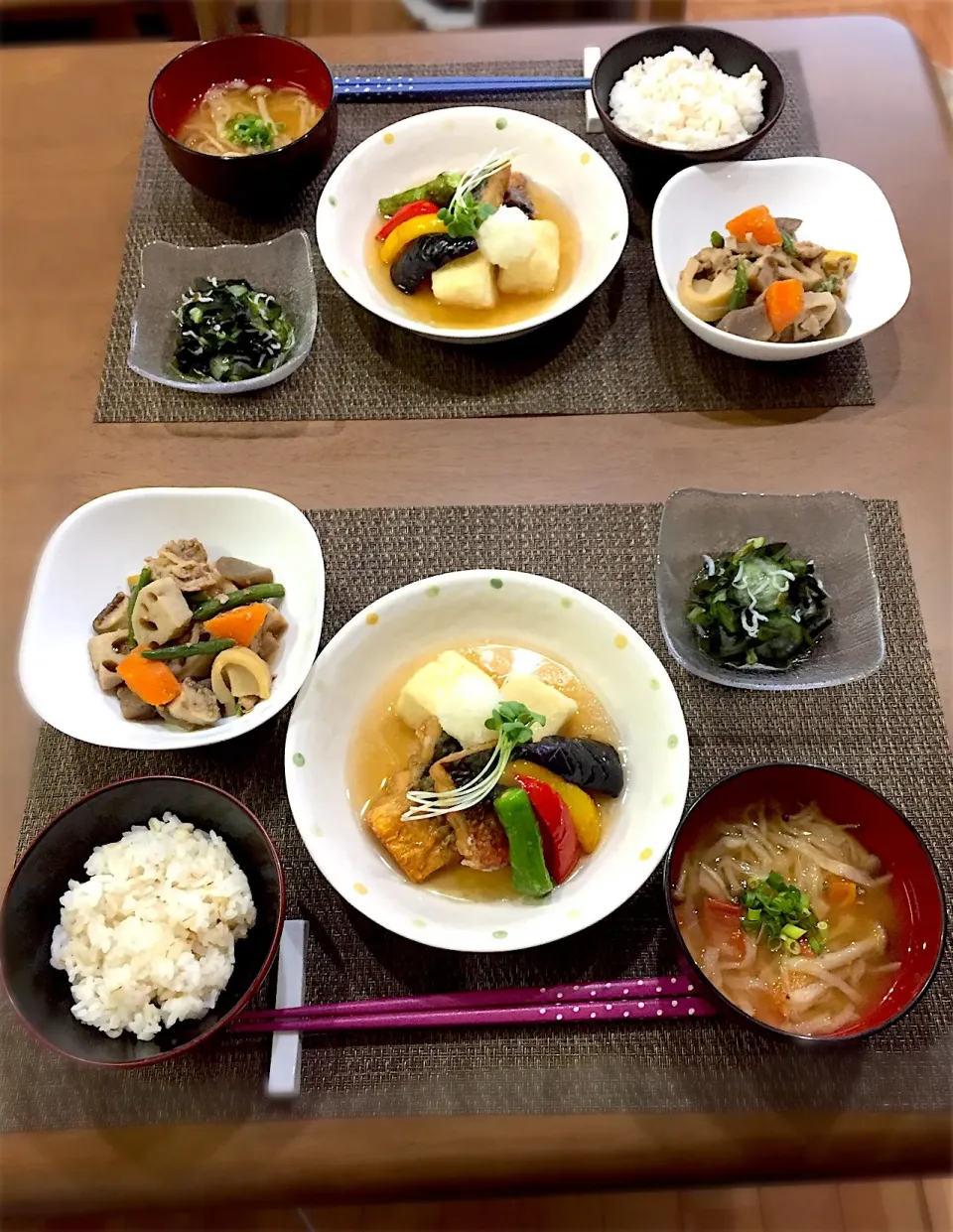 鯖と豆腐と夏野菜の揚げ出し・豚肉と野菜のごま煮・わかめと胡瓜の酢の物・味噌汁|ごまたまごさん