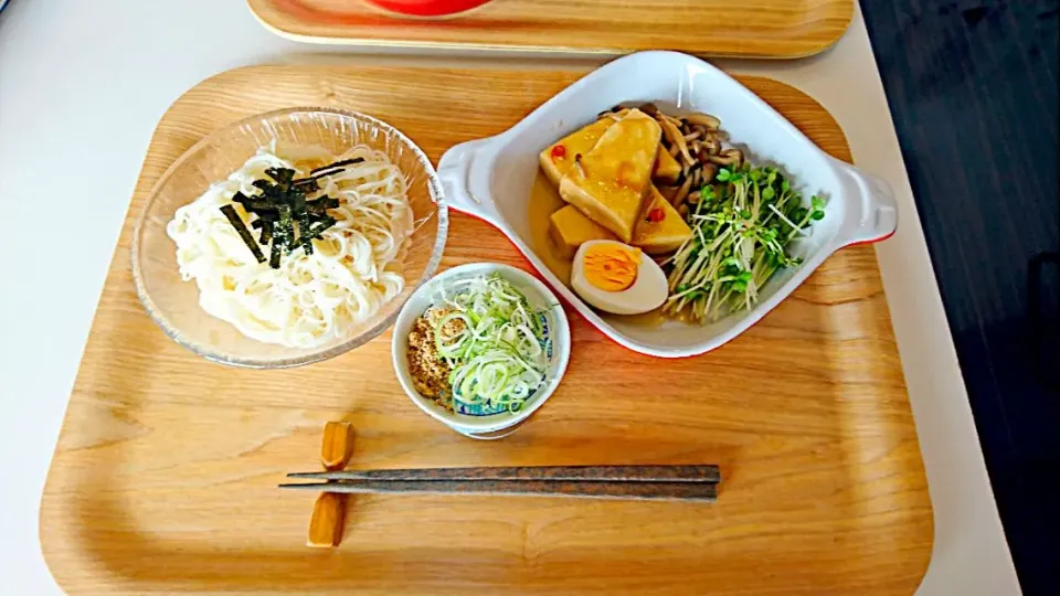 今日の昼食 揚げ高野豆腐の煮物、そうめん|pinknari🐰🌈さん