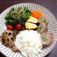 Snapdishの料理写真:ヘルシーディッシュ#レンコン #ニンジンサラダ  #肉巻き  #だし巻き玉子|かおりぼんぬさん