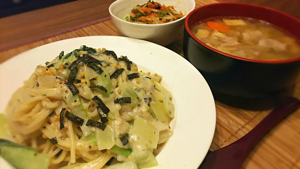 ﾁﾝｹﾞﾝ菜と大豆の
ﾜｻﾋﾞお茶漬けｸﾘｰﾑﾊﾟｽﾀ～
の晩ごはん✨|kaz(*･ω･)さん