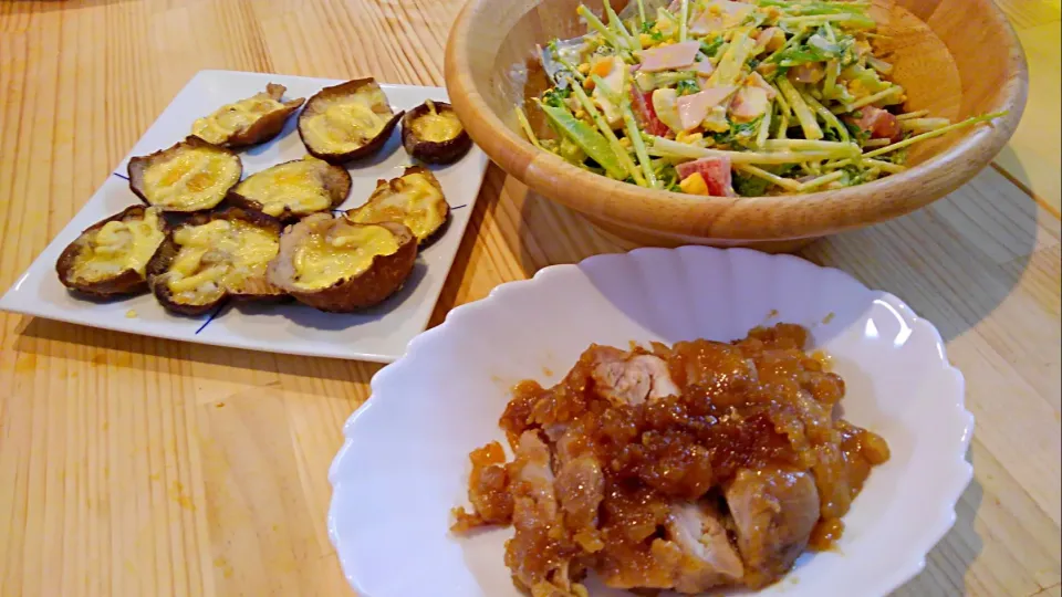 椎茸のチーズ焼き☆鶏肉の甘辛だれ☆サラダ|みぽりんさん