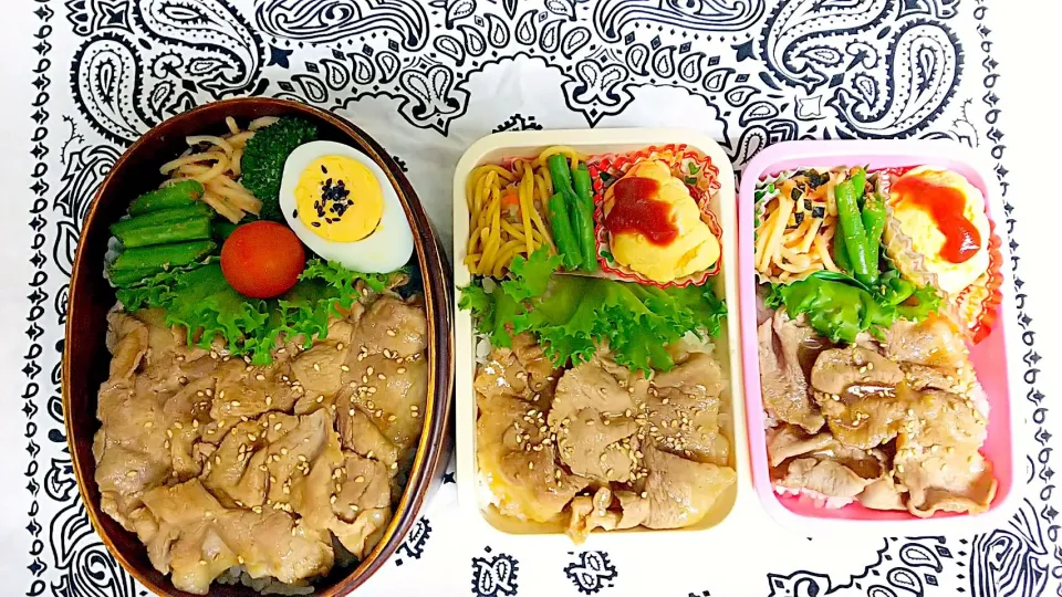 夫 息子 娘 お弁当🎵
 #しょうが焼き
 #オムレツ|かねしろ食堂さん