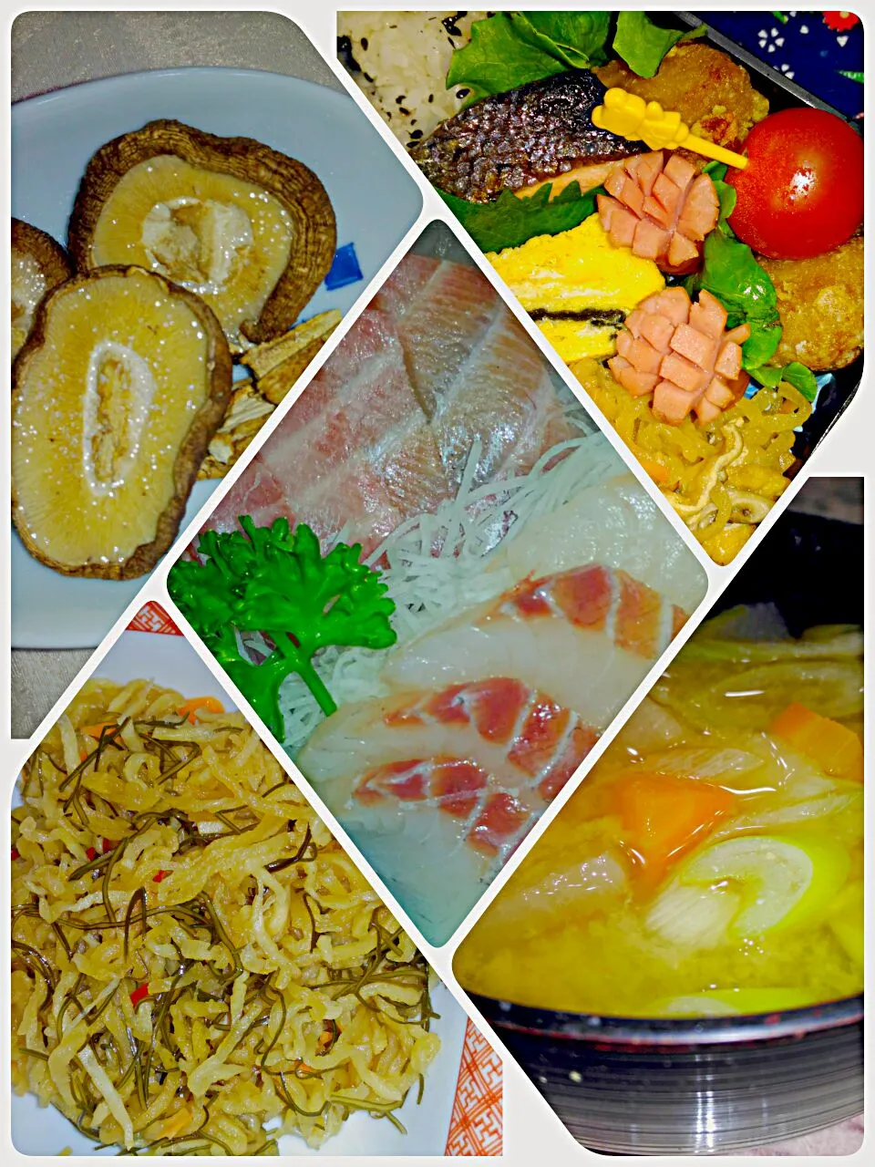 2018.5.28（月）
今日のお弁当
　　唐揚げ
　　塩鮭
　　切り干し大根の煮物
　　卵焼き
　　ウインナー
　　ごま塩ご飯
今日ぬ夕飯
　　スズキといなだの刺身
　　切り干し大根と切り昆布のはりはり漬け
　　焼き椎茸
　　具だくさんのお味噌汁|たえさん