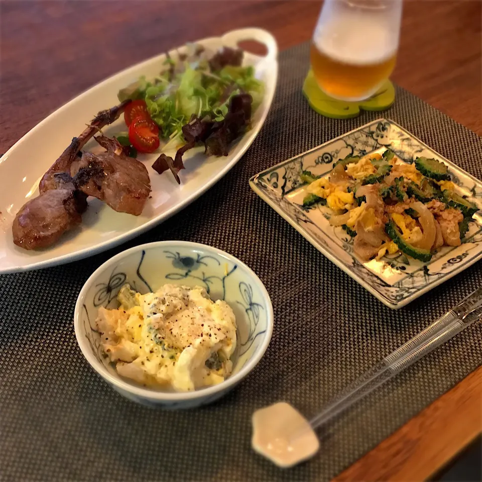 Snapdishの料理写真:ラム肉のロースト／醤油オイスター
ゴーヤチャンプル
ツナとゴーヤ、玉ねぎヨーグルト和え|𓇼 Ⓢ Ⓗ Ⓘ Ⓝ Ⓞ Ⓑ Ⓤ 𓇼さん