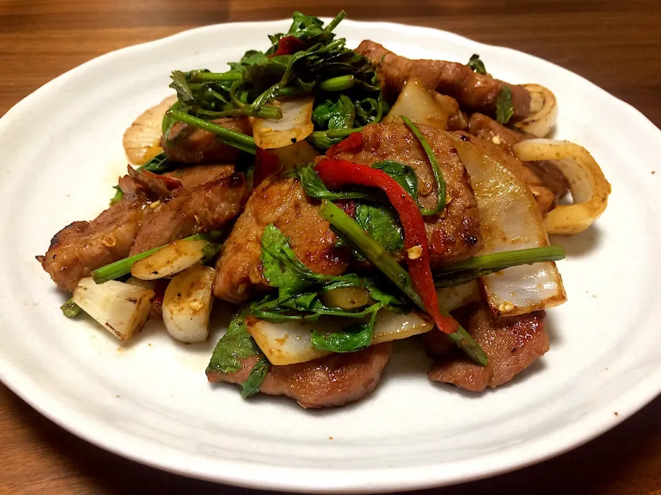 Snapdishの料理写真:豚肩ロース厚切りタレ焼き🥩🌿🌪
セリと新玉ねぎアクセントに塩で食べません🤣|ぱぴこ家さん