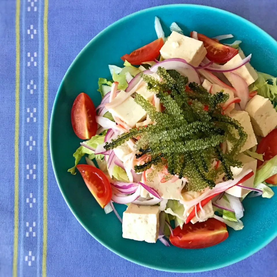 海ぶどうと島豆腐のサラダ🥗シークヮーサードレッシングで🌺|アッチさん