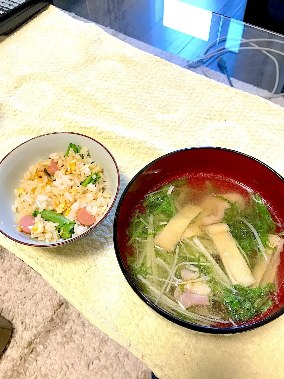 朝ごはん 鶏と水菜のスープ チャーハン|momoさん